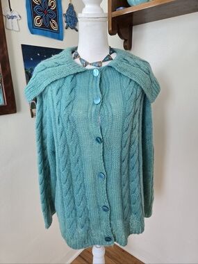 Hand Knit Vintage Turquoise Aqua Cable-Knit Button-Front Women’s Sweater Large
